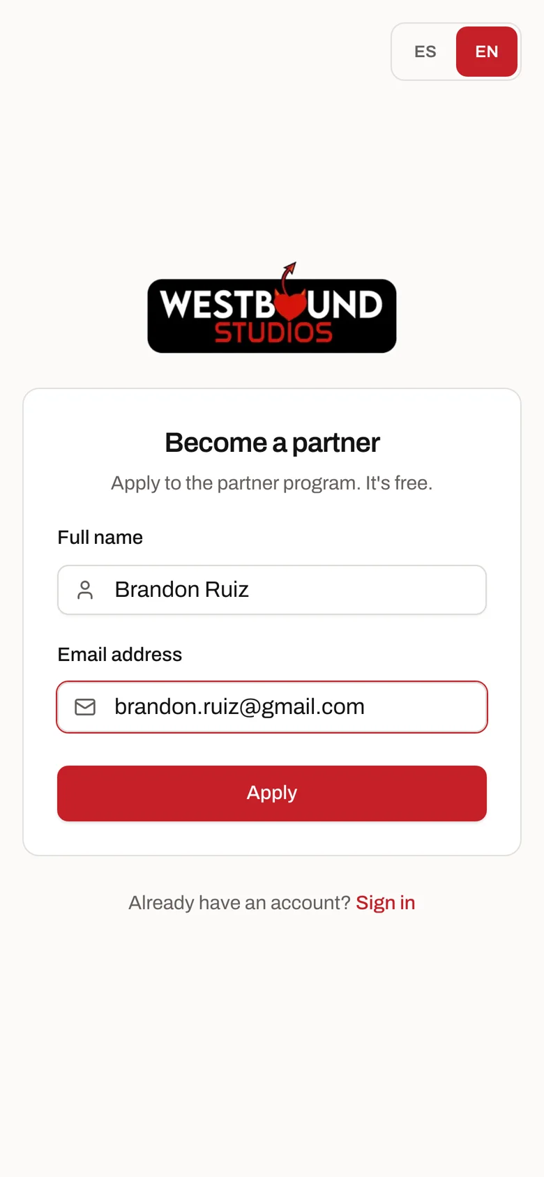 Affiliate sign-up form