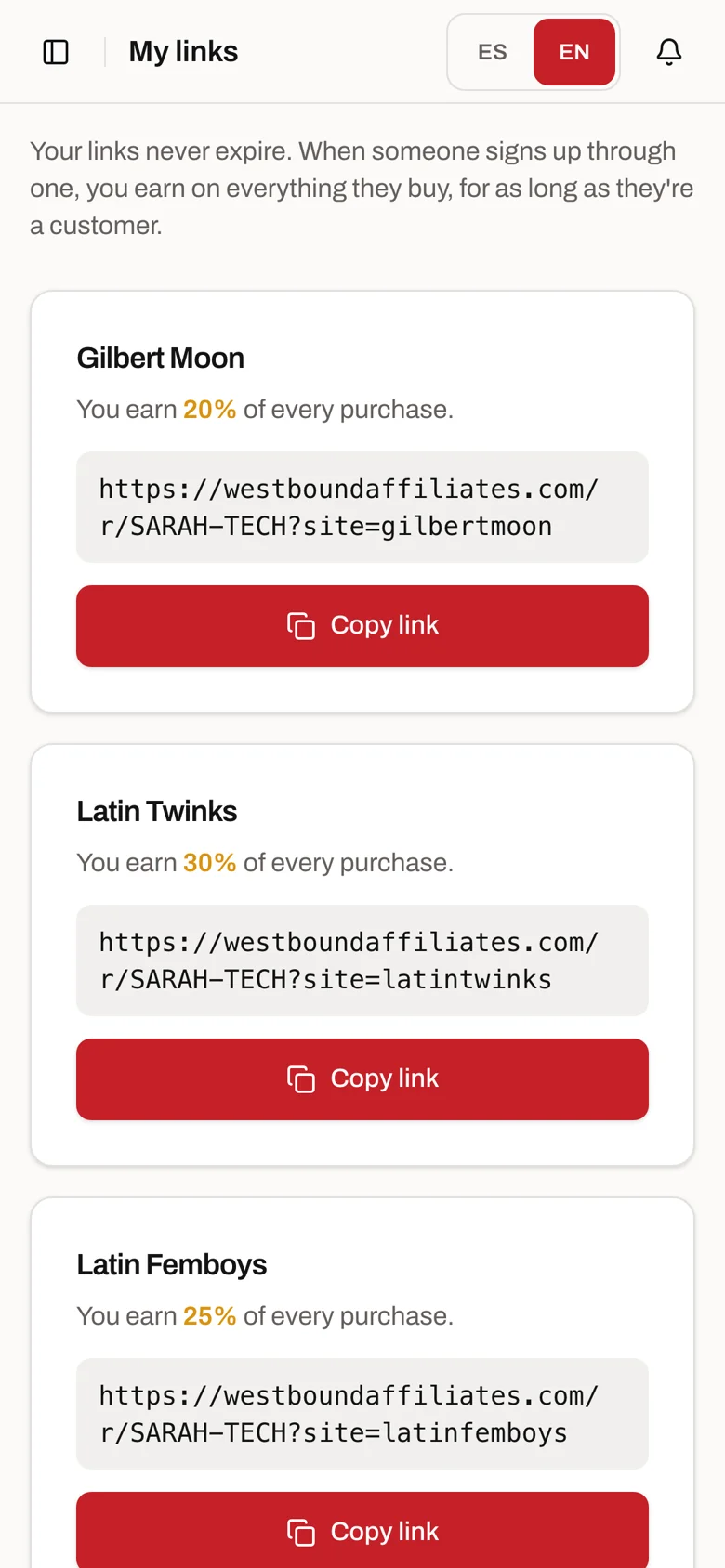 My links screen with one link per site and a Copy link button