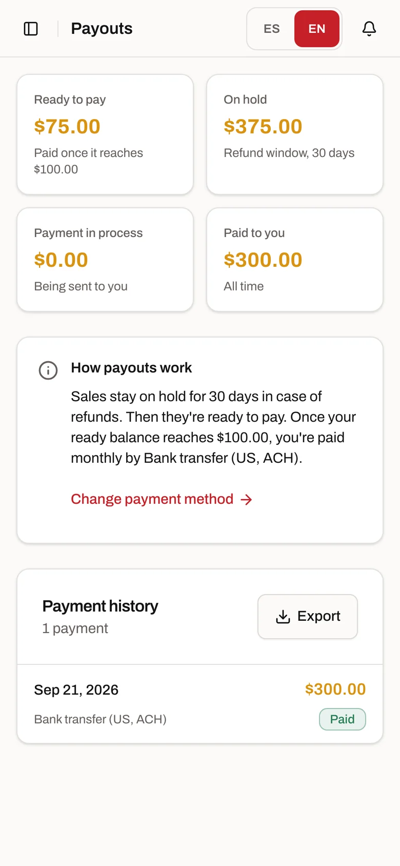 Payouts screen with the balance ready to pay out and a payout marked Paid